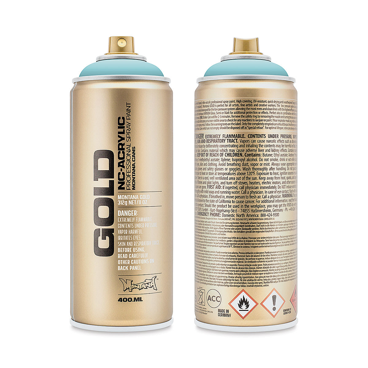 Montana Gold Acrylic Professional Spray Paint - Pool, 400 ml (Front and back of spray can)