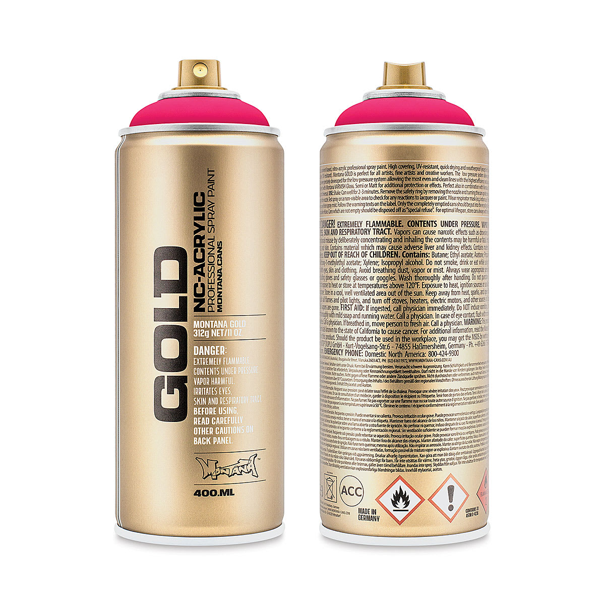 Montana Gold Acrylic Fluorescent Spray Paint - Gleaming Pink, 400 ml (Front and back of spray can)