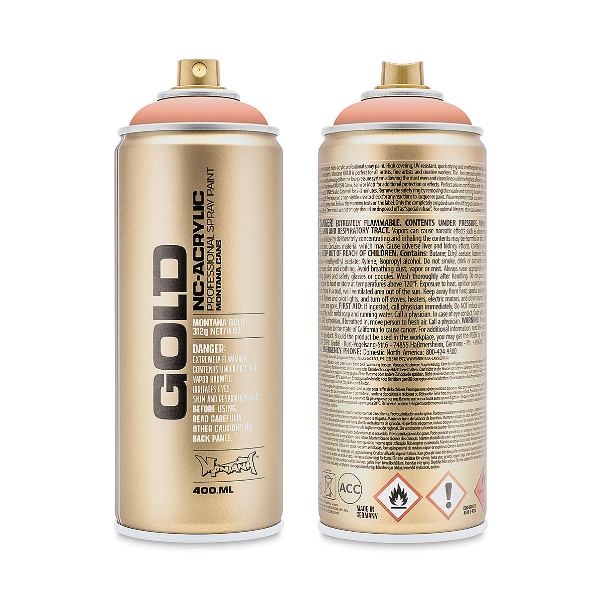 Montana Gold Acrylic Professional Spray Paint - Salmon, 400 ml (Front and back of spray can)