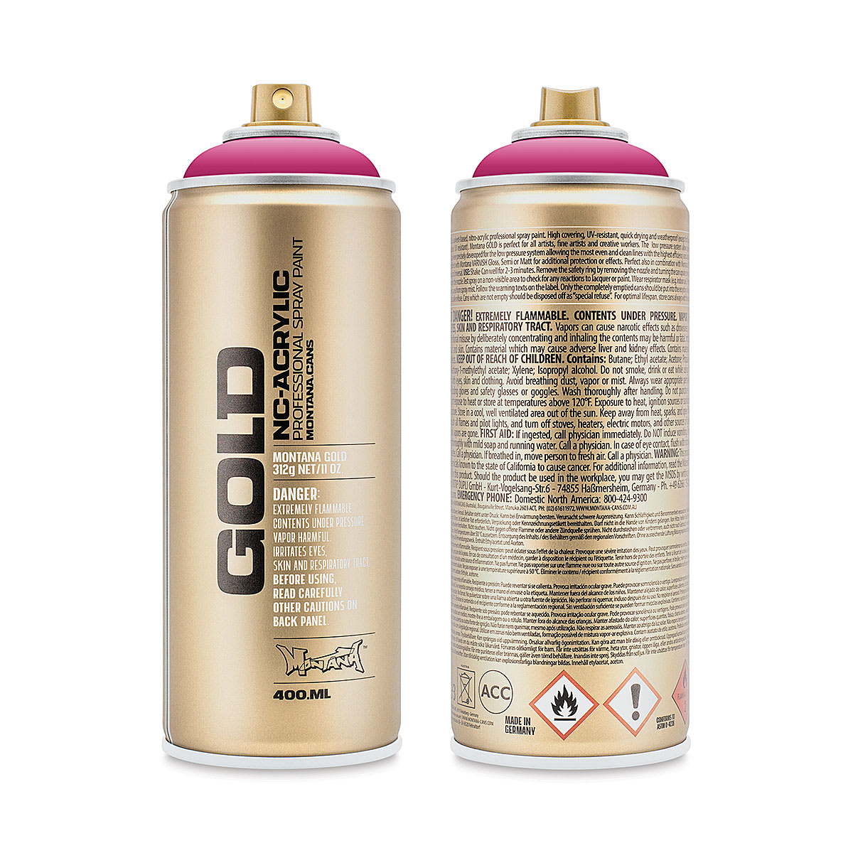 Montana Gold Acrylic Professional Spray Paint - Shock Pink, 400 ml (Front and back of spray can)