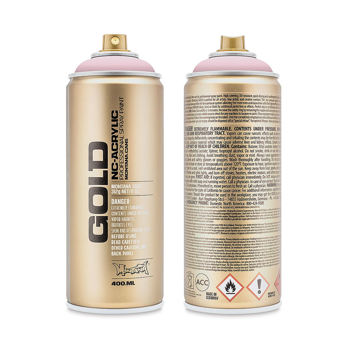 Montana Gold Acrylic Professional Spray Paint - Frozen Strawberry, 400 ml (Front and back of spray can)
