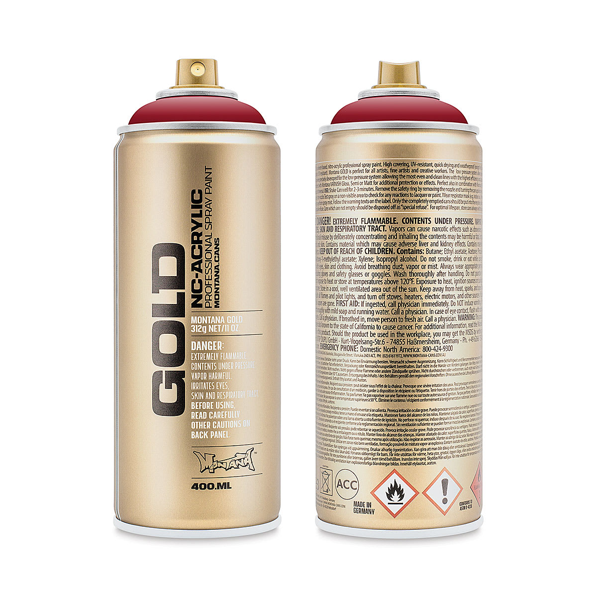 Montana Gold Acrylic Professional Spray Paint - Brick, 400 ml (Front and back of spray can)