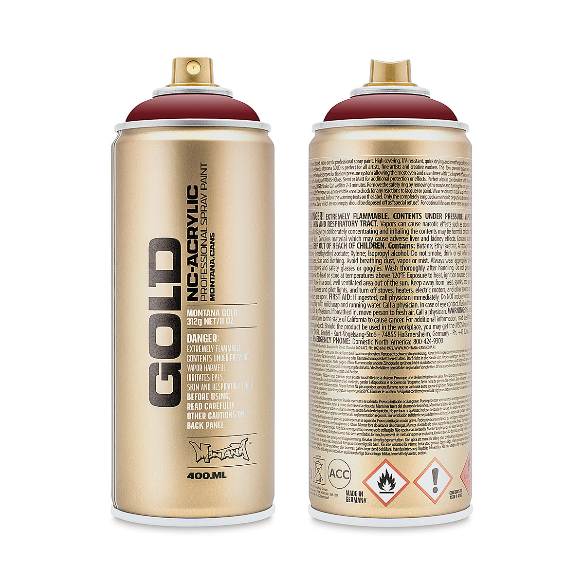 Montana Gold Acrylic Professional Spray Paint - Royal Red, 400 ml (Front and back of spray can)