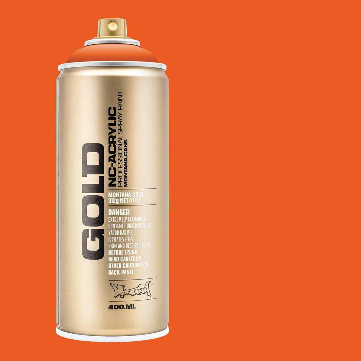 Montana Gold Acrylic Professional Spray Paint - Shock Orange, 400 ml (Spray can with color swatch)