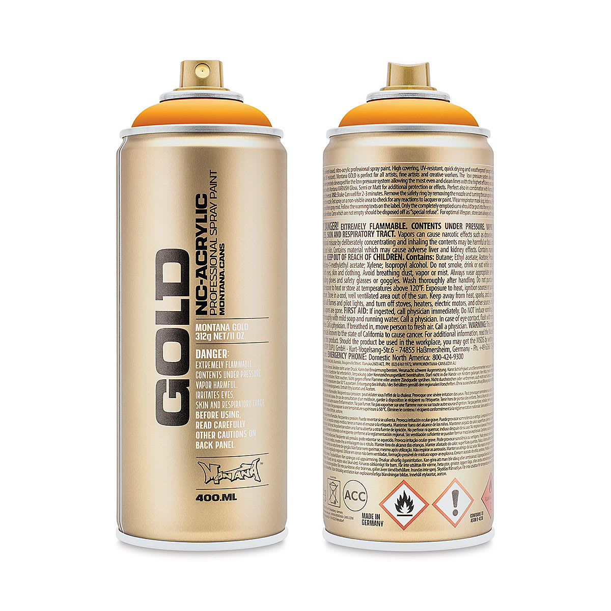 Montana Gold Acrylic Professional Spray Paint - Golden Yellow, 400 ml (Front and back of spray can)