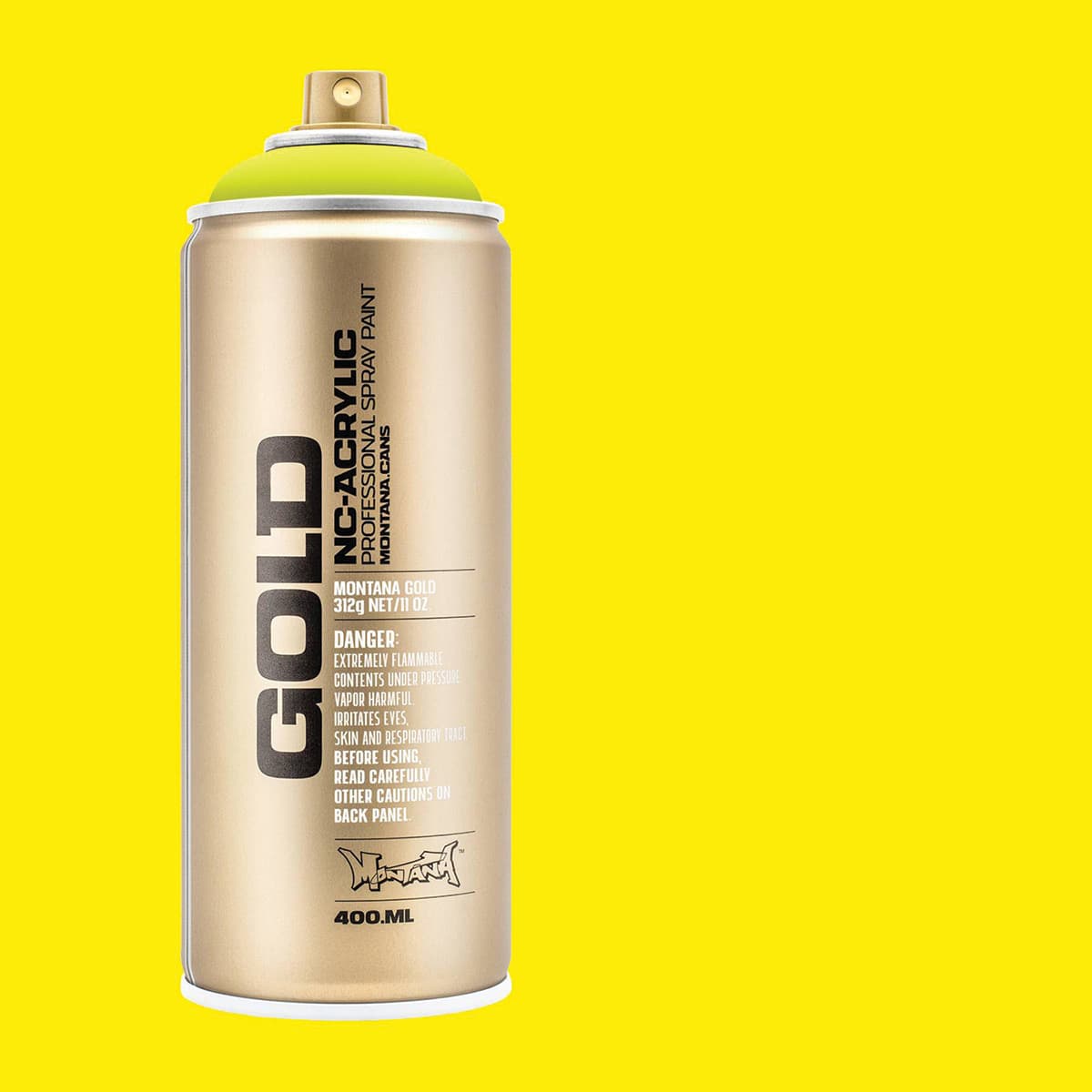 Montana Gold Acrylic Fluorescent Spray Paint - Flash Yellow, 400 ml (Spray can with color swatch)