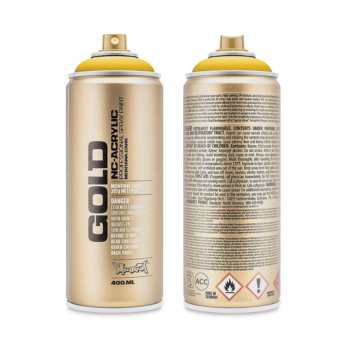 Montana Gold Acrylic Professional Spray Paint - Banana, 400 ml (Front and back of spray can)