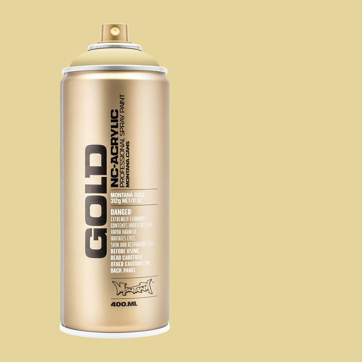 Montana Gold Acrylic Professional Spray Paint - Sahara Yellow, 400 ml (Spray can with color swatch)
