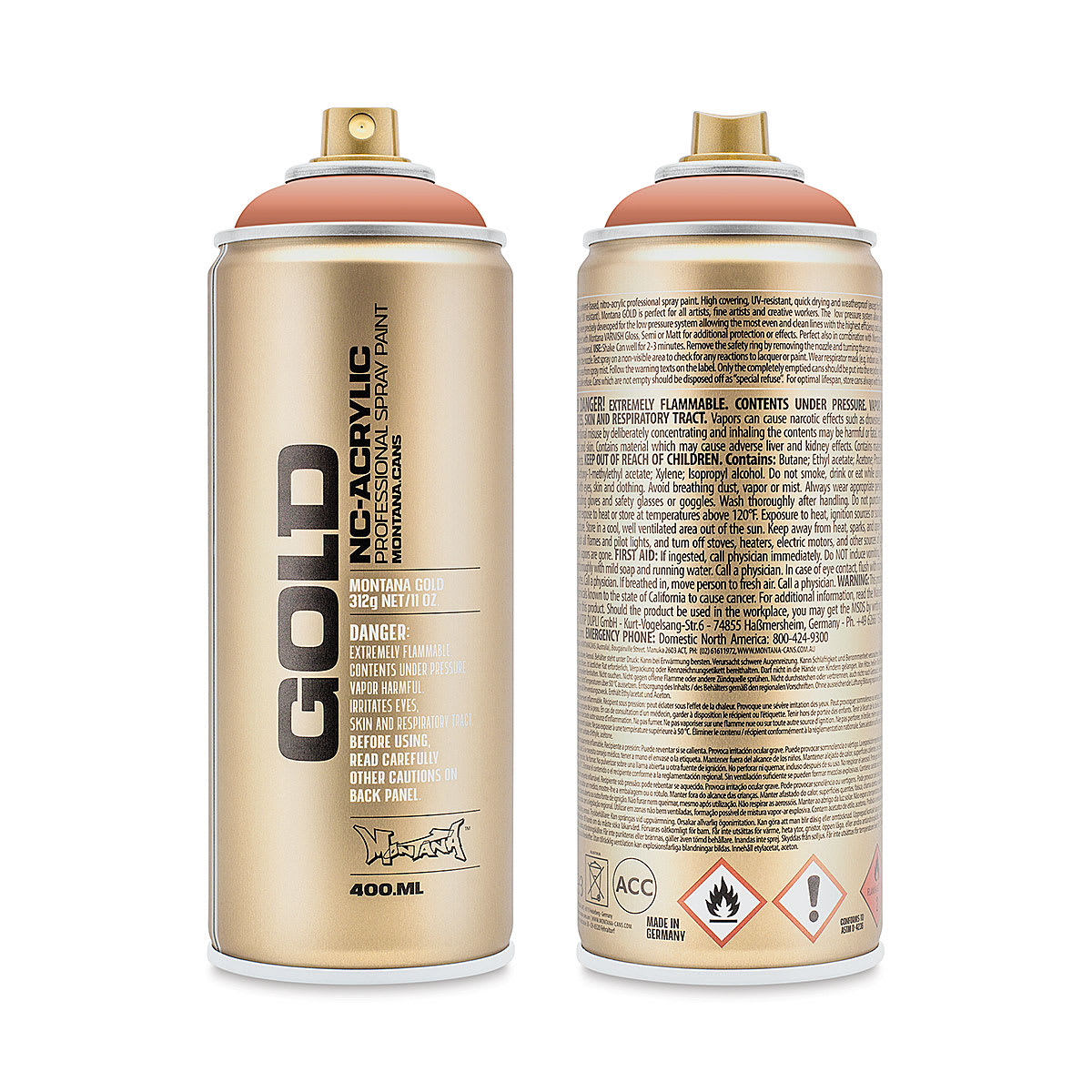 Montana Gold Acrylic Professional Spray Paint - Dirty Apricot, 400 ml (Front and back of spray can)