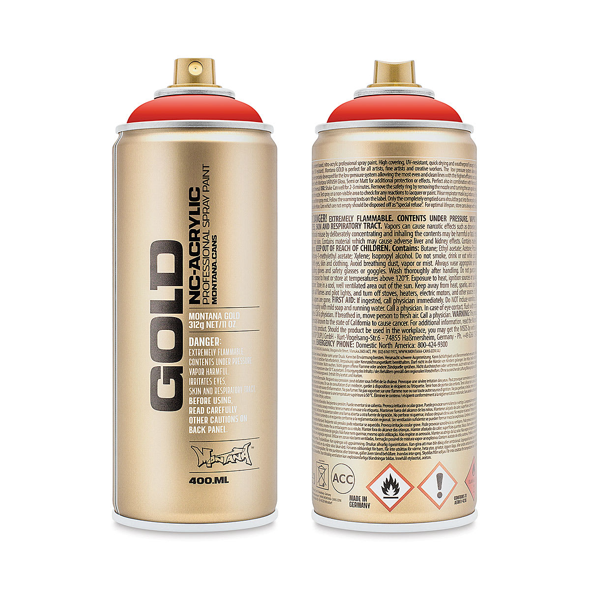 Montana Gold Acrylic Professional Spray Paint - Shock Orange Dark, 400 ml (Front and back of spray can)
