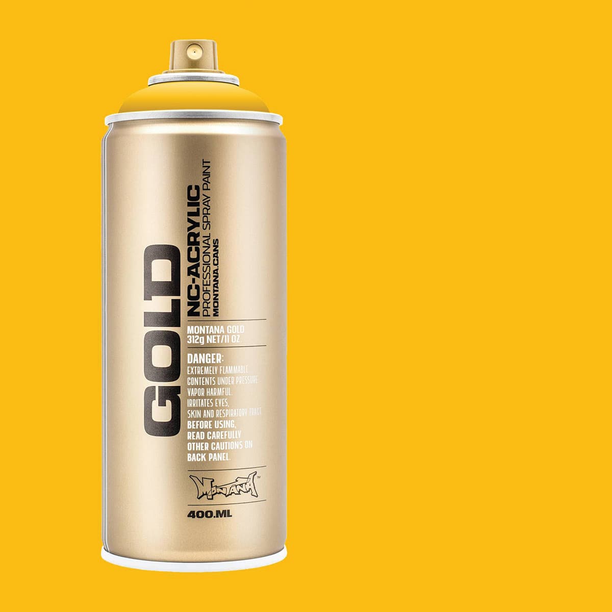 Montana Gold Acrylic Professional Spray Paint - Shock Yellow, 400 ml (Spray can with color swatch)