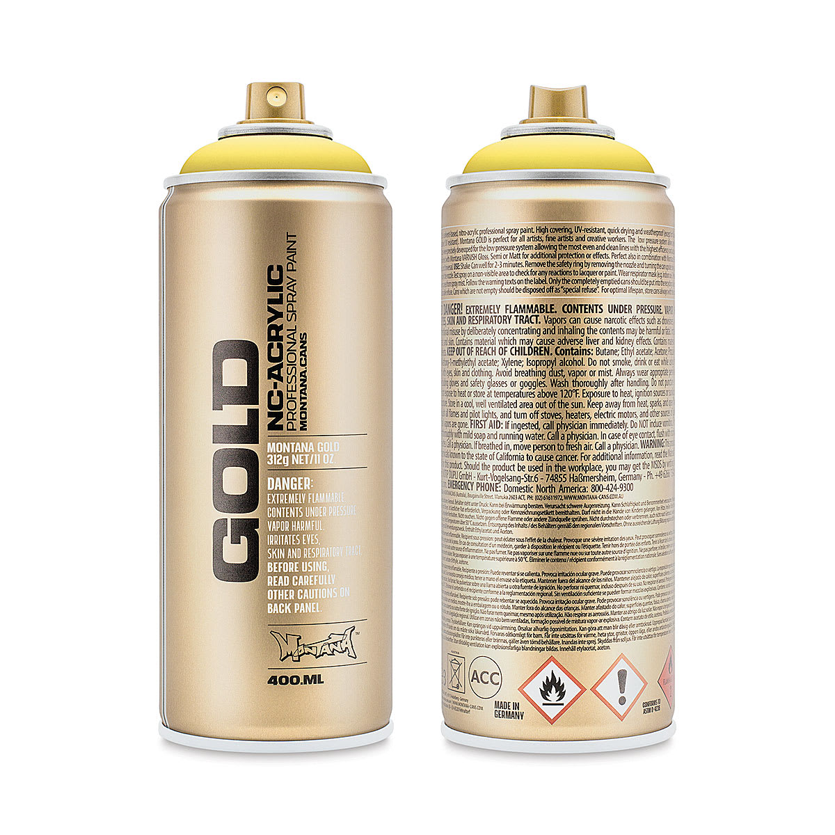 Montana Gold Acrylic Professional Spray Paint - Easter Yellow, 400 ml (Front and back of spray can)