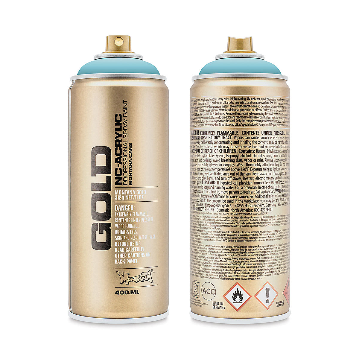 Montana Gold Acrylic Professional Spray Paint - Shock Blue Light, 400 ml (Front and back of spray can)