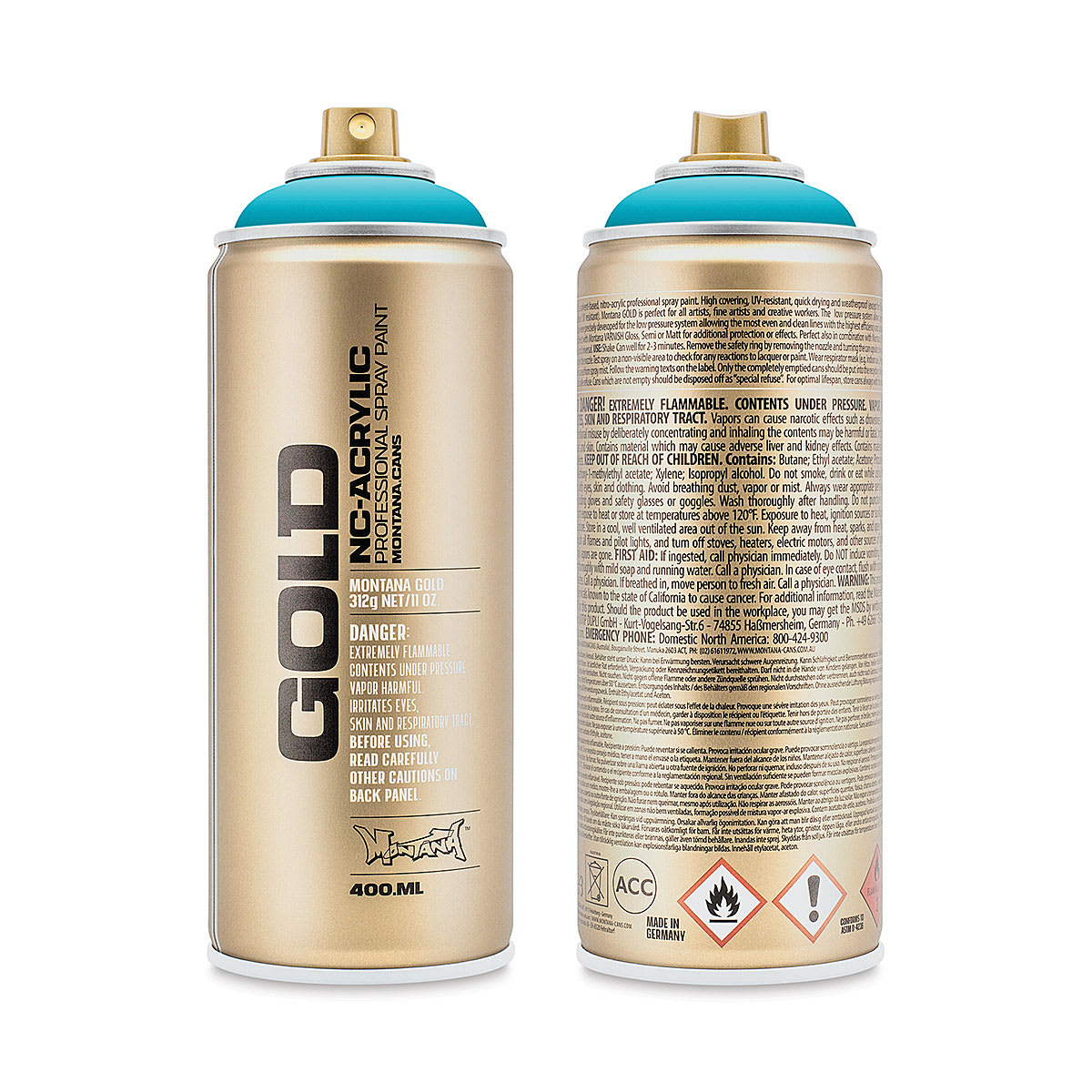 Montana Gold Acrylic Professional Spray Paint - 100% Cyan, 400 ml (Front and back of spray can)