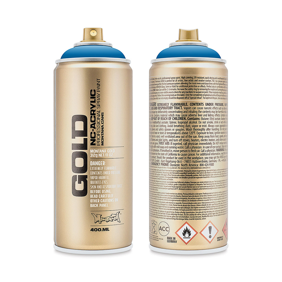 Montana Gold Acrylic Professional Spray Paint - Blue Magic, 400 ml (Front and back of spray can)