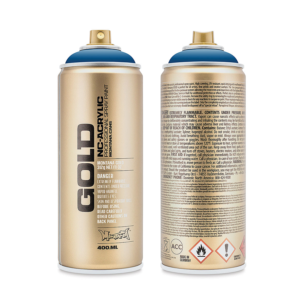 Montana Gold Acrylic Professional Spray Paint - Signal Blue, 400 ml (Front and back of spray can)