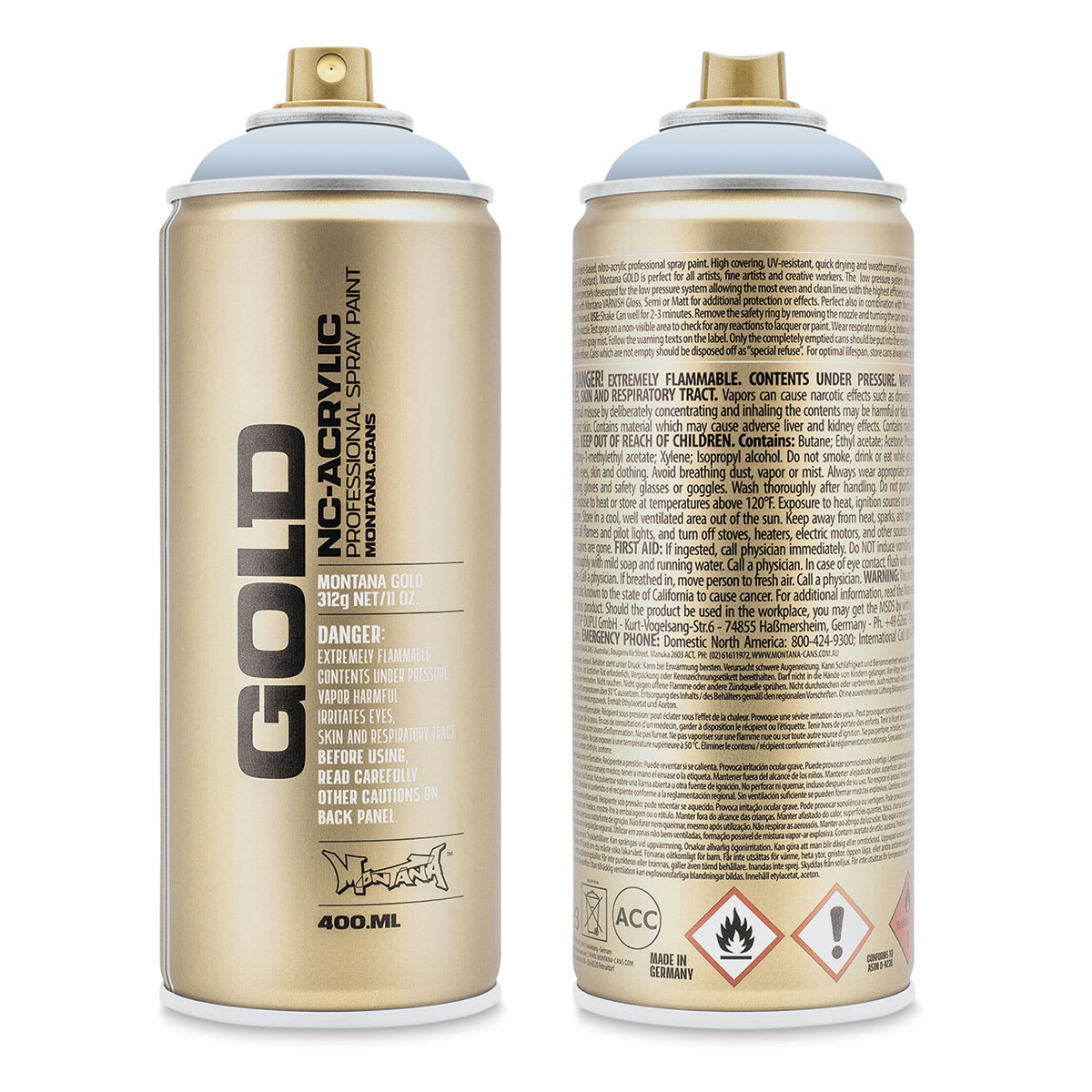 Montana Gold Acrylic Professional Spray Paint - Front and back of Denim Light 400 ml spray can shown Montana Gold Acrylic Professional Spray Paint - Front and back of Denim Light 400 ml spray can shown