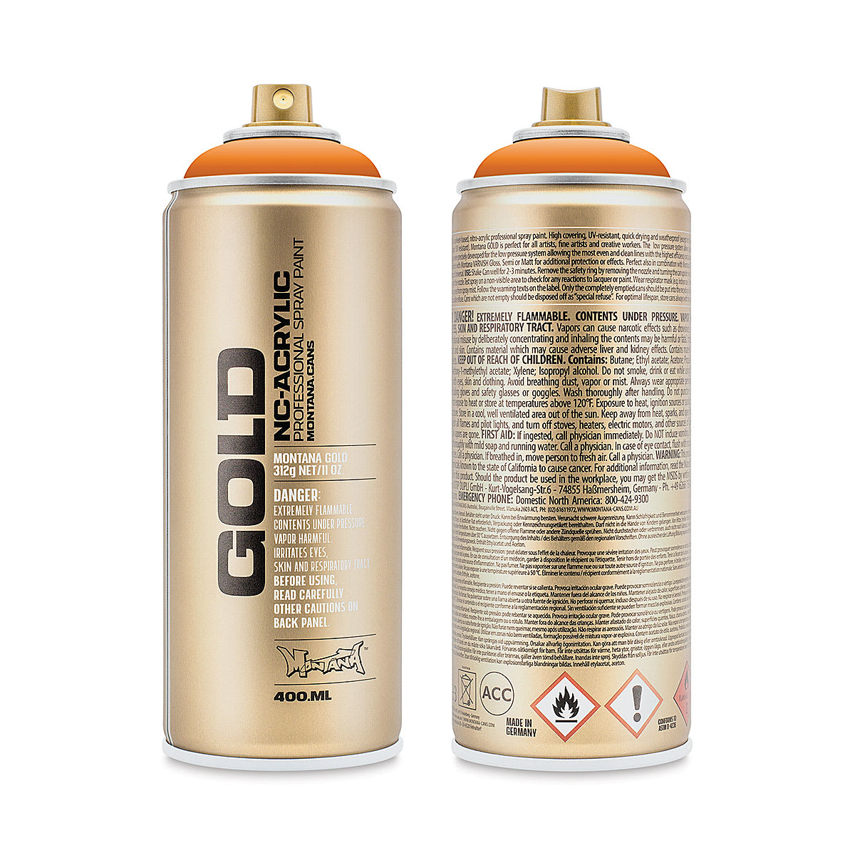 Montana Gold Acrylic Professional Spray Paint - Capri, 400 ml (Front and back of spray can)