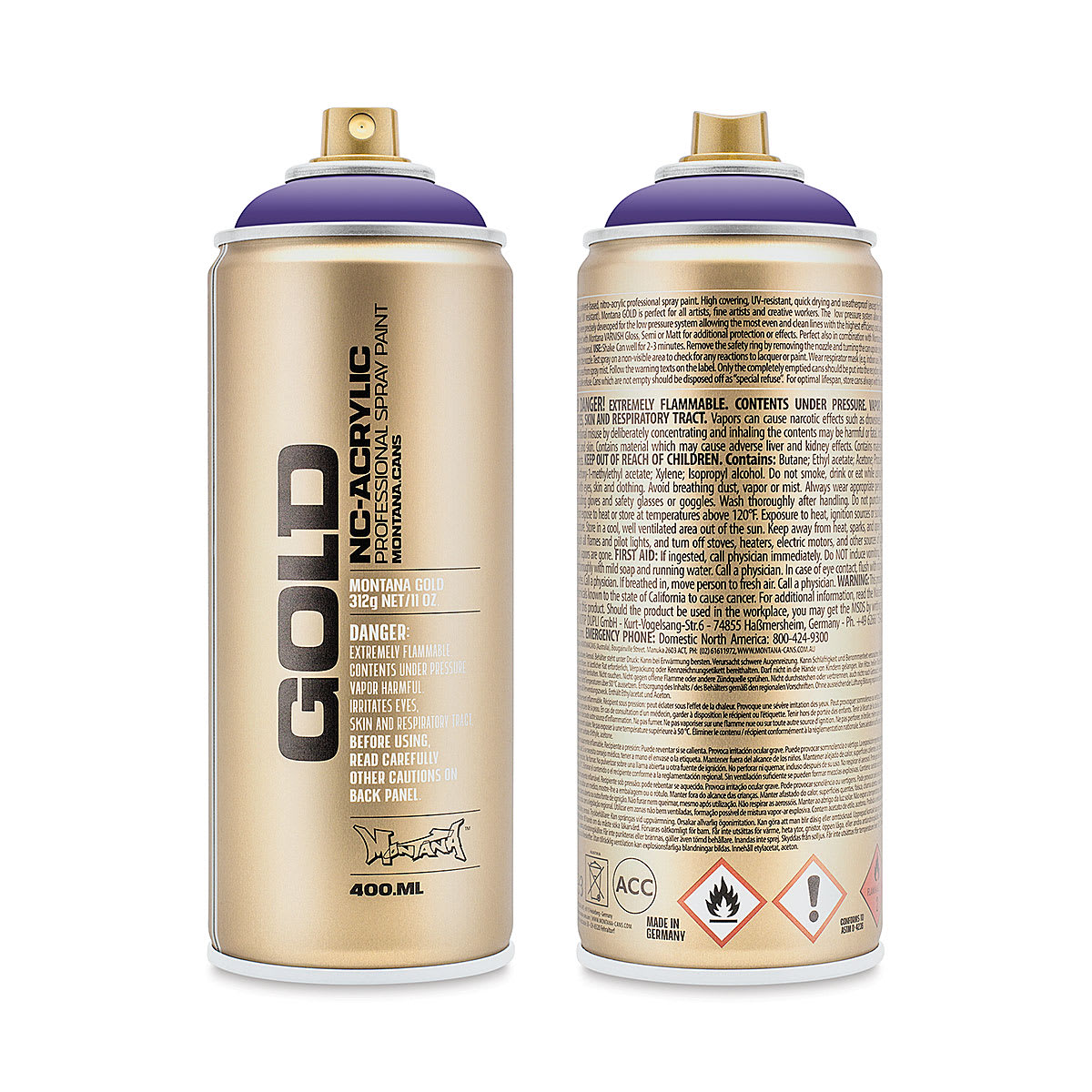 Montana Gold Acrylic Professional Spray Paint - Lavender, 400 ml (Front and back of spray can)