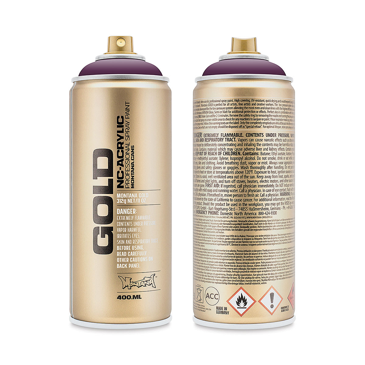 Montana Gold Acrylic Professional Spray Paint - Deep Purple, 400 ml (Front and back of spray can)