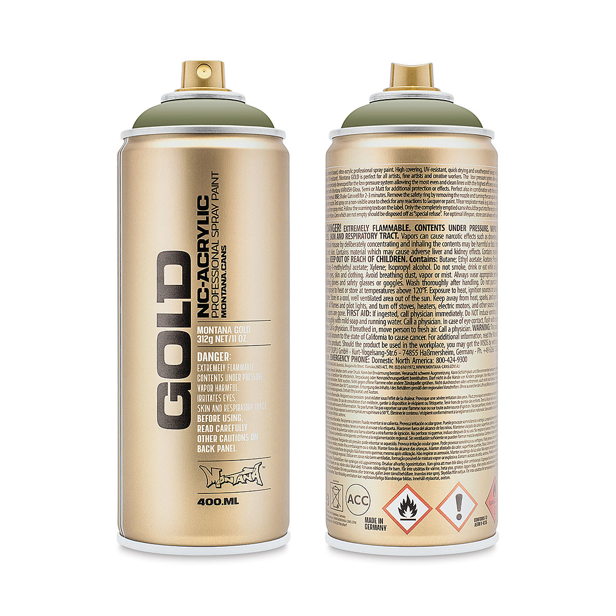Montana Gold Acrylic Professional Spray Paint - Manila Green, 400 ml (Front and back of spray can)