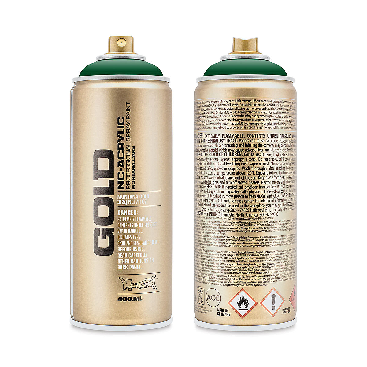 Montana Gold Acrylic Professional Spray Paint - Smaragd Green, 400 ml (Front and back of spray can)