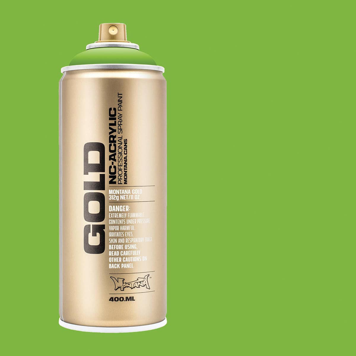 Montana Gold Acrylic Professional Spray Paint - Shock Green Light, 400 ml (Spray can with color swatch)