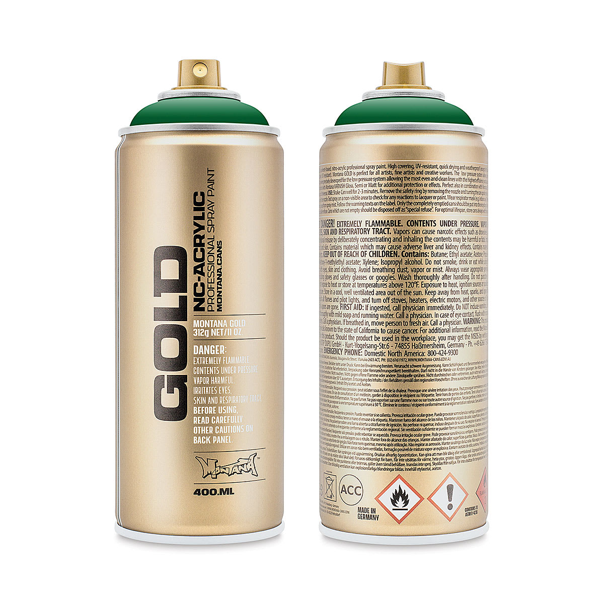 Montana Gold Acrylic Professional Spray Paint - Shock Green Dark, 400 ml (Front and back of spray can)