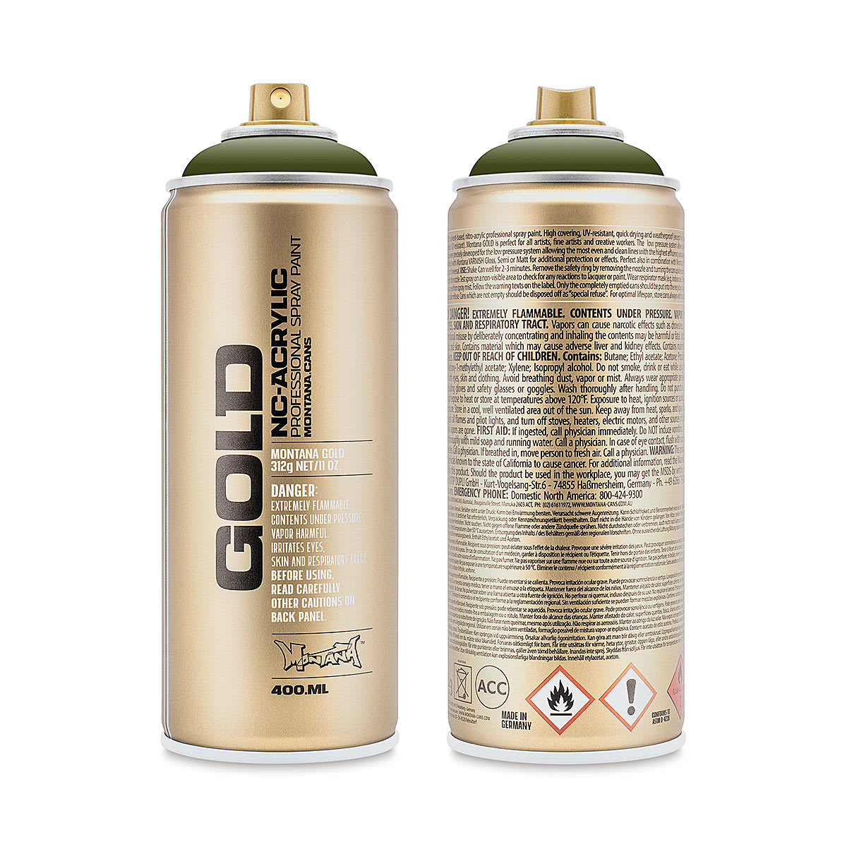 Montana Gold Acrylic Professional Spray Paint - Olive Green, 400 ml (Front and back of spray can)