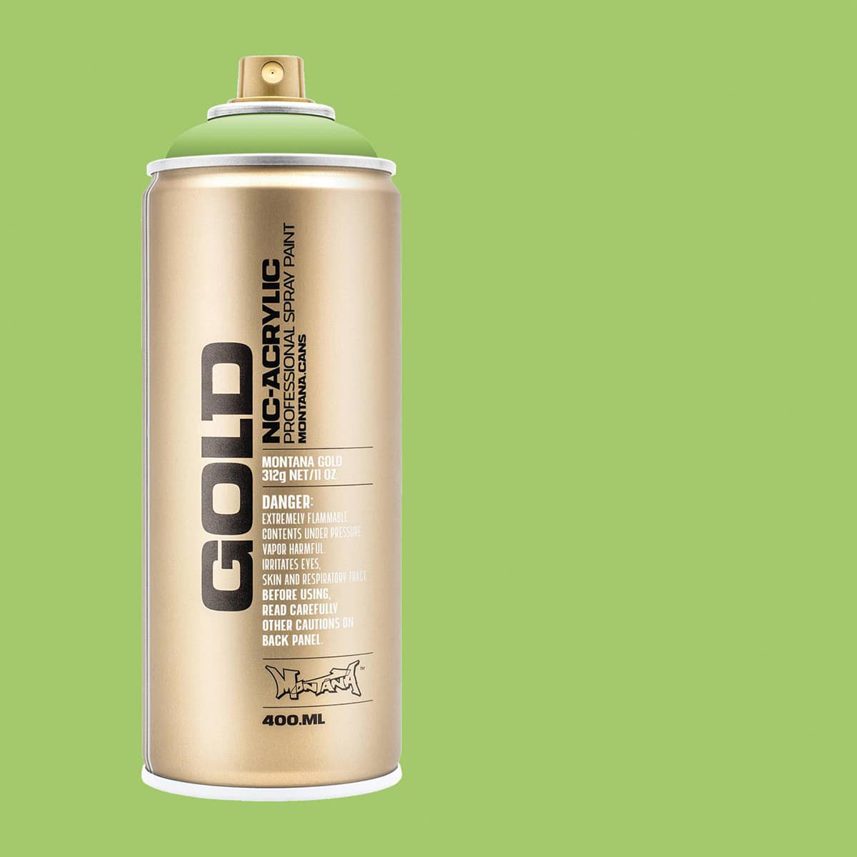Montana Gold Acrylic Professional Spray Paint - Green Apple, 400 ml (Spray can with color swatch)