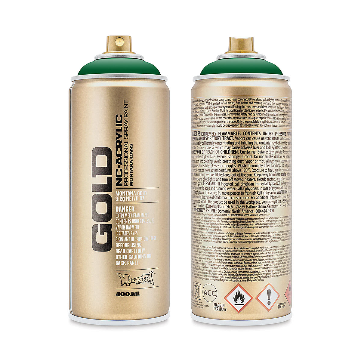 Montana Gold Acrylic Professional Spray Paint - Fern Green, 400 ml (Front and back of spray can)