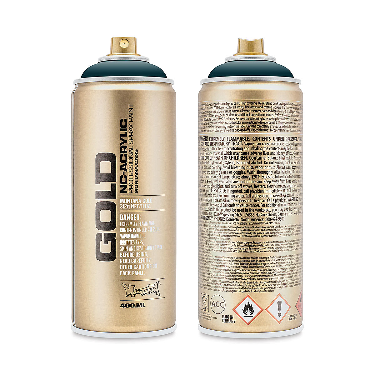 Montana Gold Acrylic Professional Spray Paint - Deep Sea, 400 ml (Front and back of spray can)