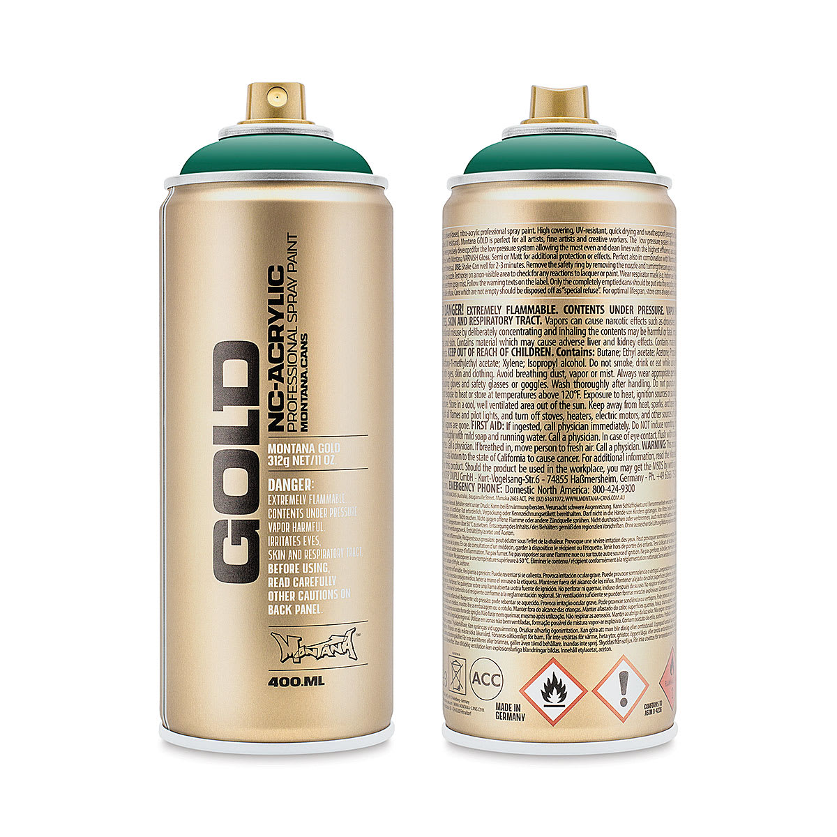 Montana Gold Acrylic Professional Spray Paint - Pine, 400 ml (Front and back of spray can)