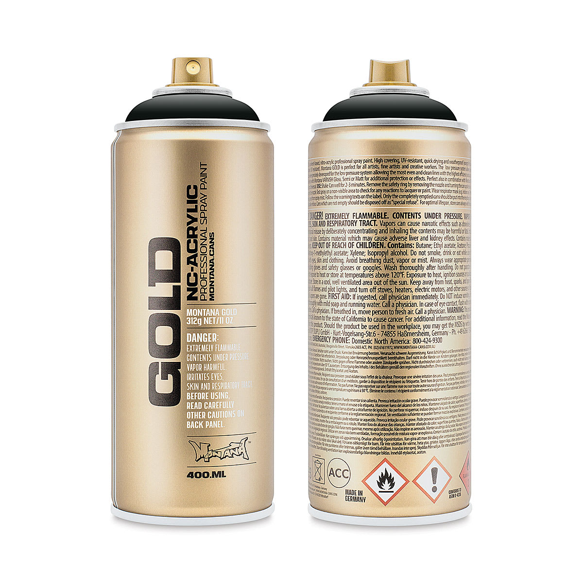 Montana Gold Acrylic Professional Spray Paint - Coke, 400 ml (Front and back of spray can)