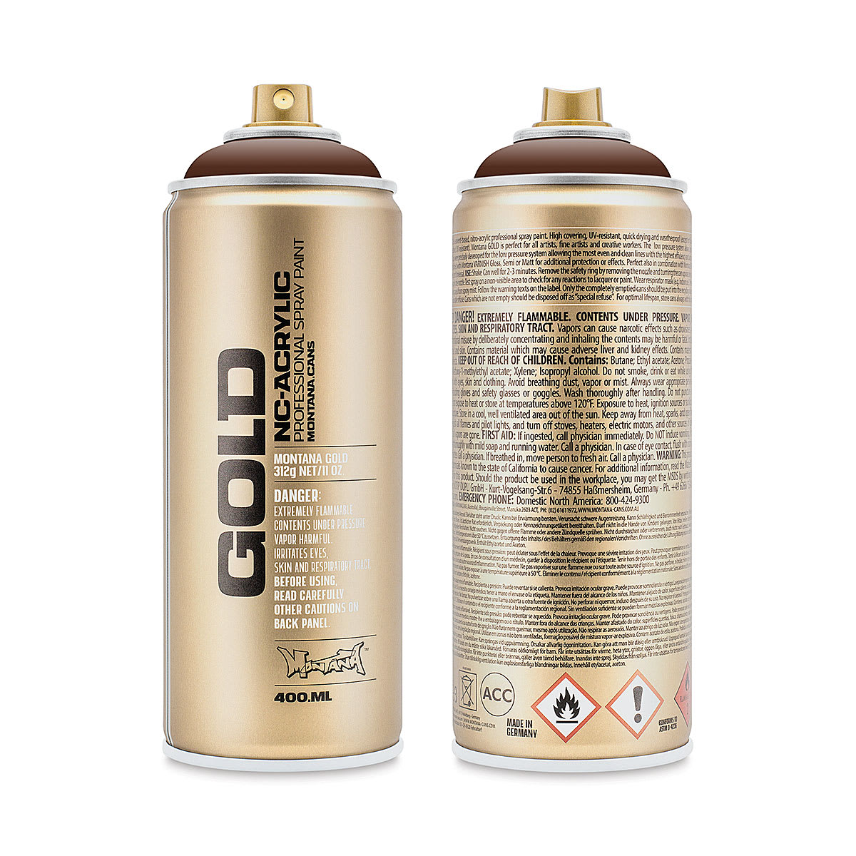 Montana Gold Acrylic Professional Spray Paint - Shock Brown, 400 ml (Front and back of spray can)