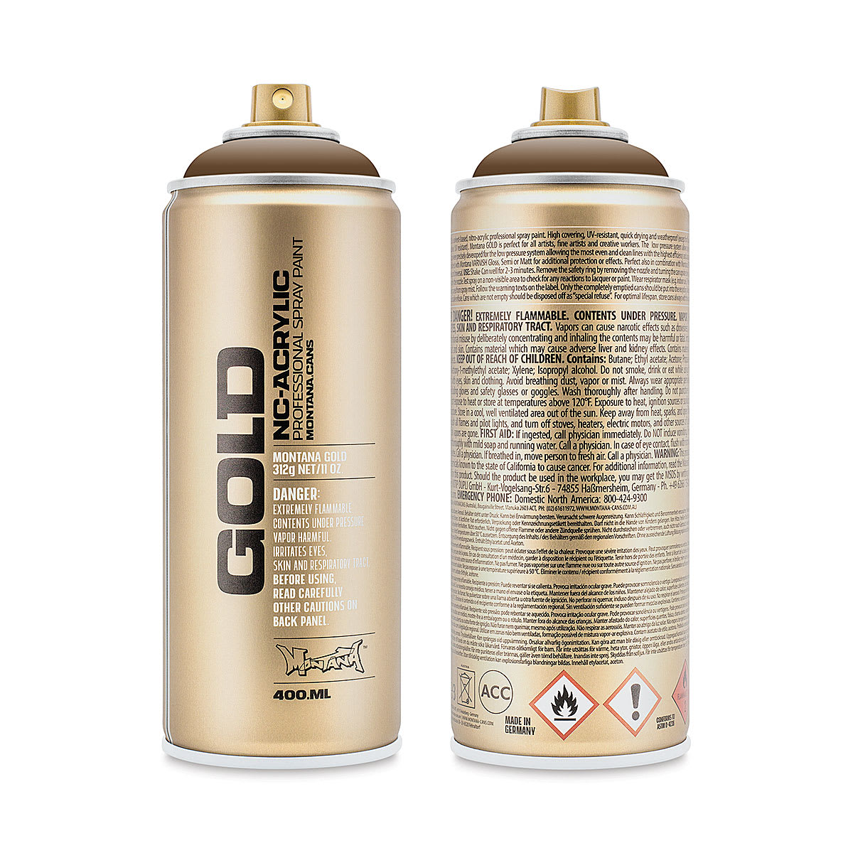Montana Gold Acrylic Professional Spray Paint - Palish Brown, 400 ml (Front and back of spray can)