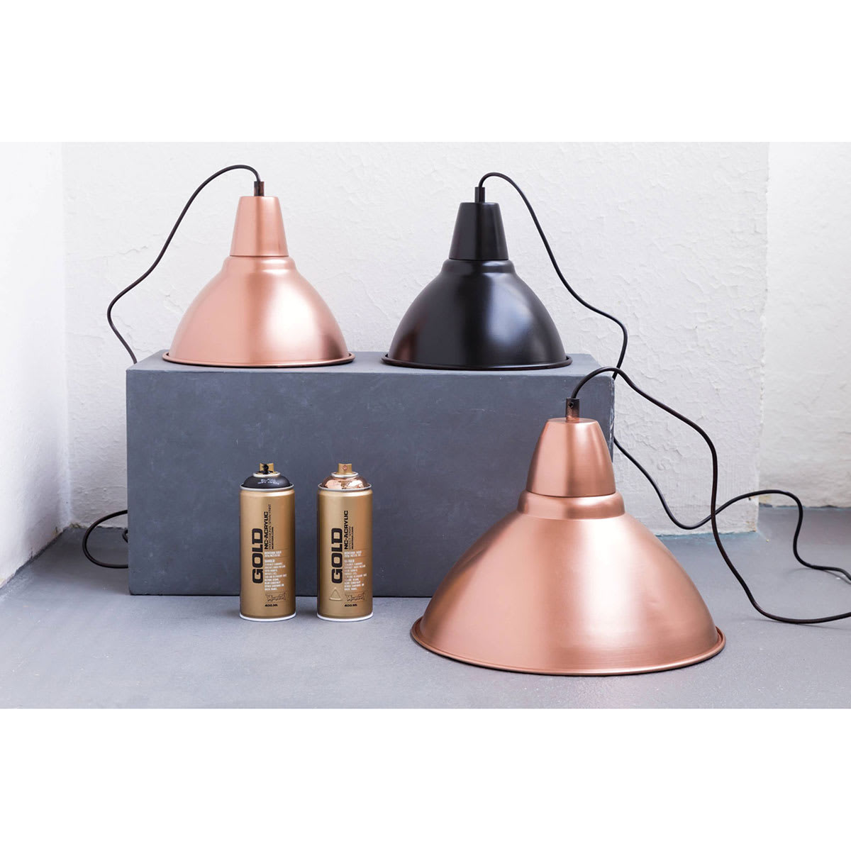 Montana Gold Acrylic Professional Spray Paints - Copper/black painted lamps shown with spray cans Montana Gold Acrylic Professional Spray Paints - Copper/black painted lamps shown with spray cans