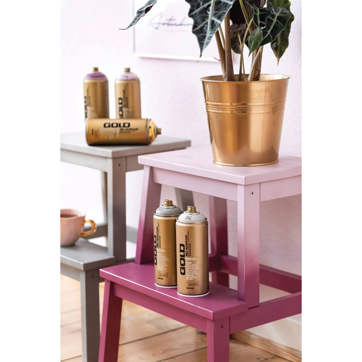 Montana Gold Acrylic Spray Paints - Ombre painted tables and planter with assorted spray cans Montana Gold Acrylic Spray Paints - Ombre painted tables and planter with assorted spray cans
