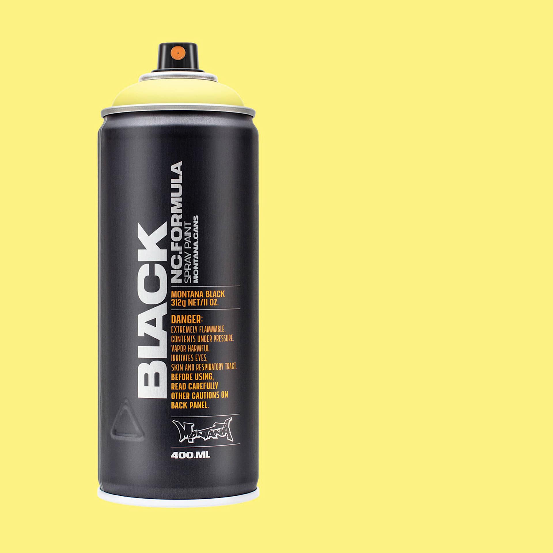 Montana Black Spray Paint - True Yellow 50%, 400 ml can with swatch
