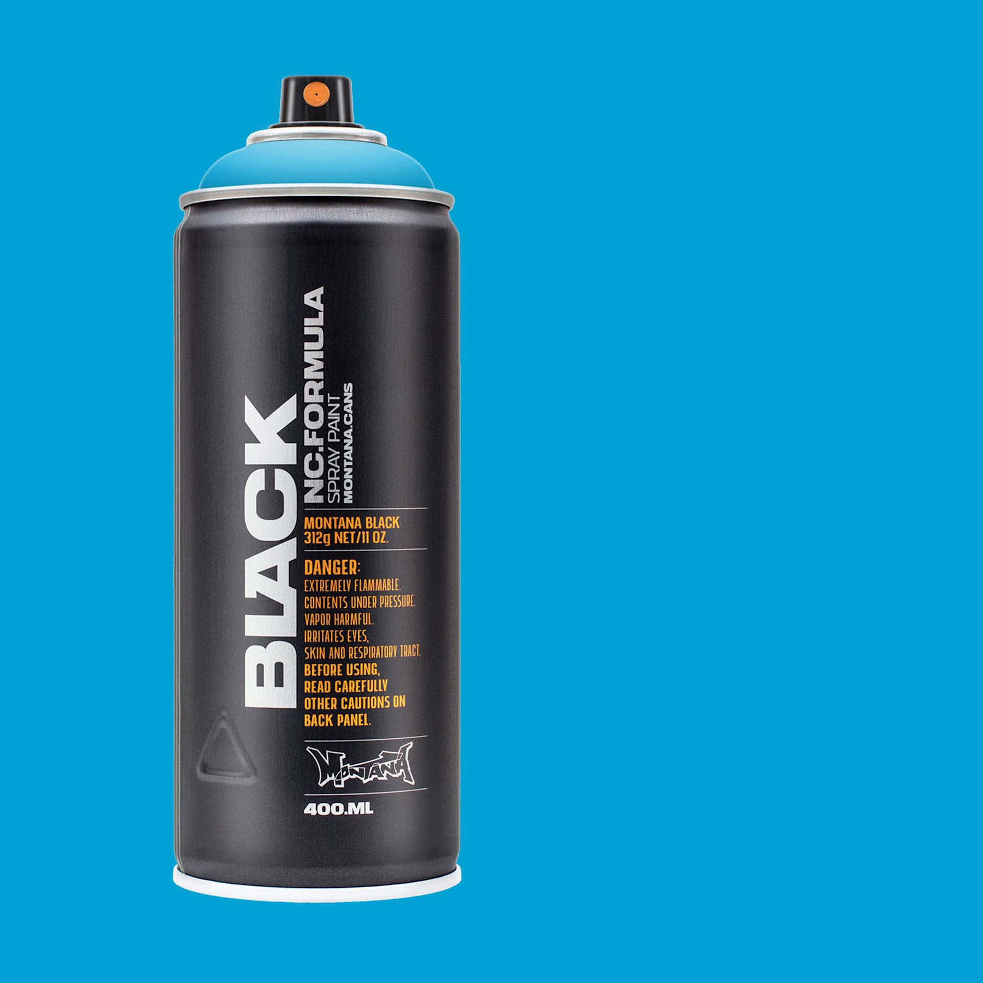 Montana Black Spray Paint - Light Blue, 400 ml can with swatch