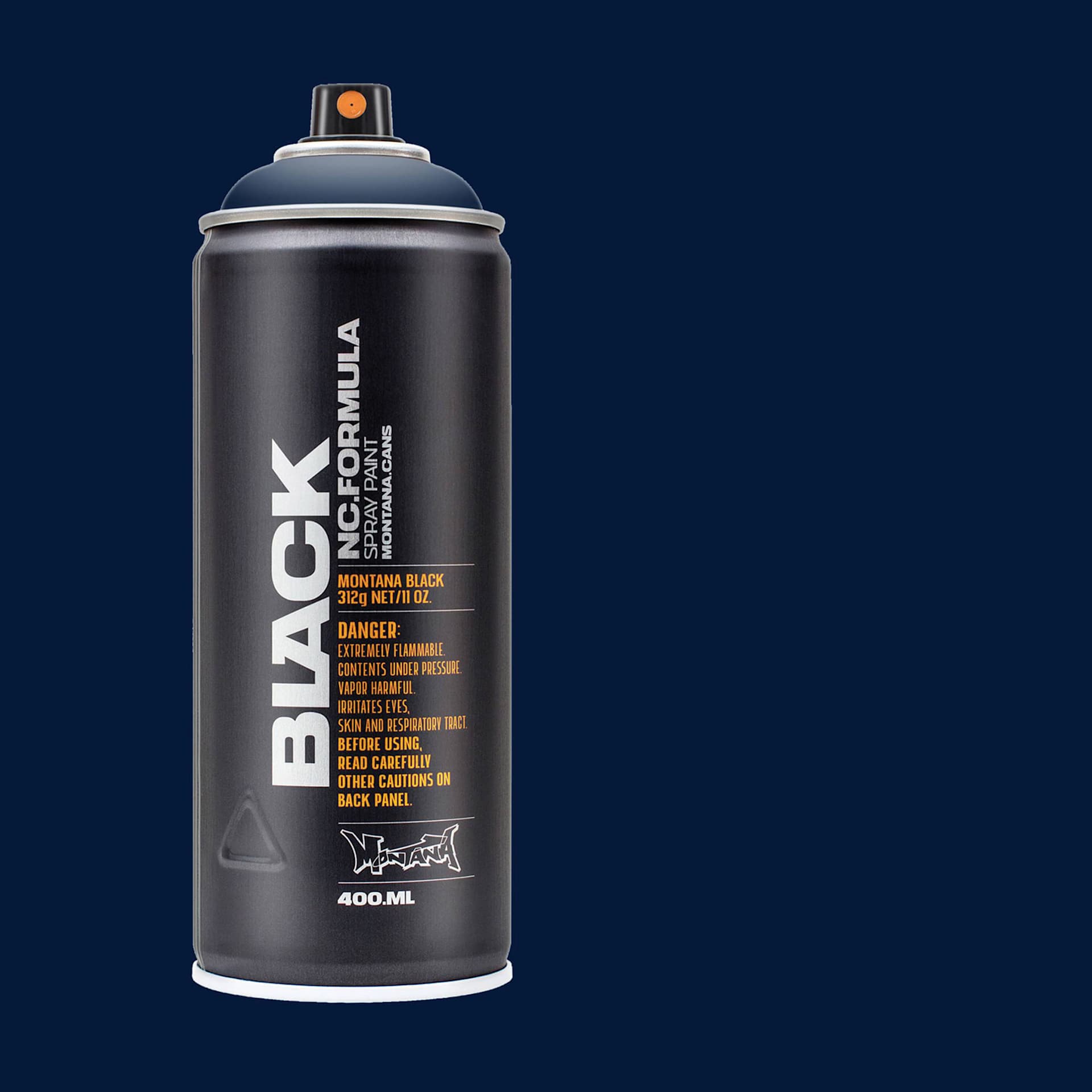 Montana Black Spray Paint - Dark Indigo, 400 ml can with swatch