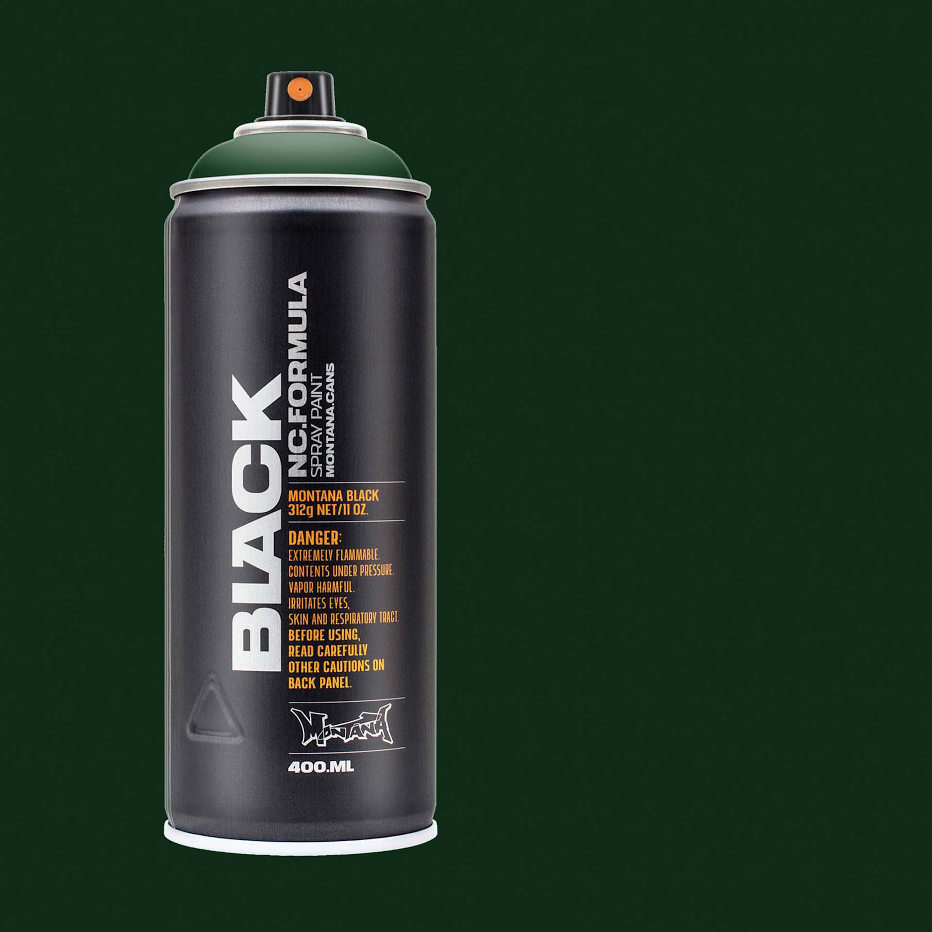 Montana Black Spray Paint - TAG-Green, 400 ml can with swatch