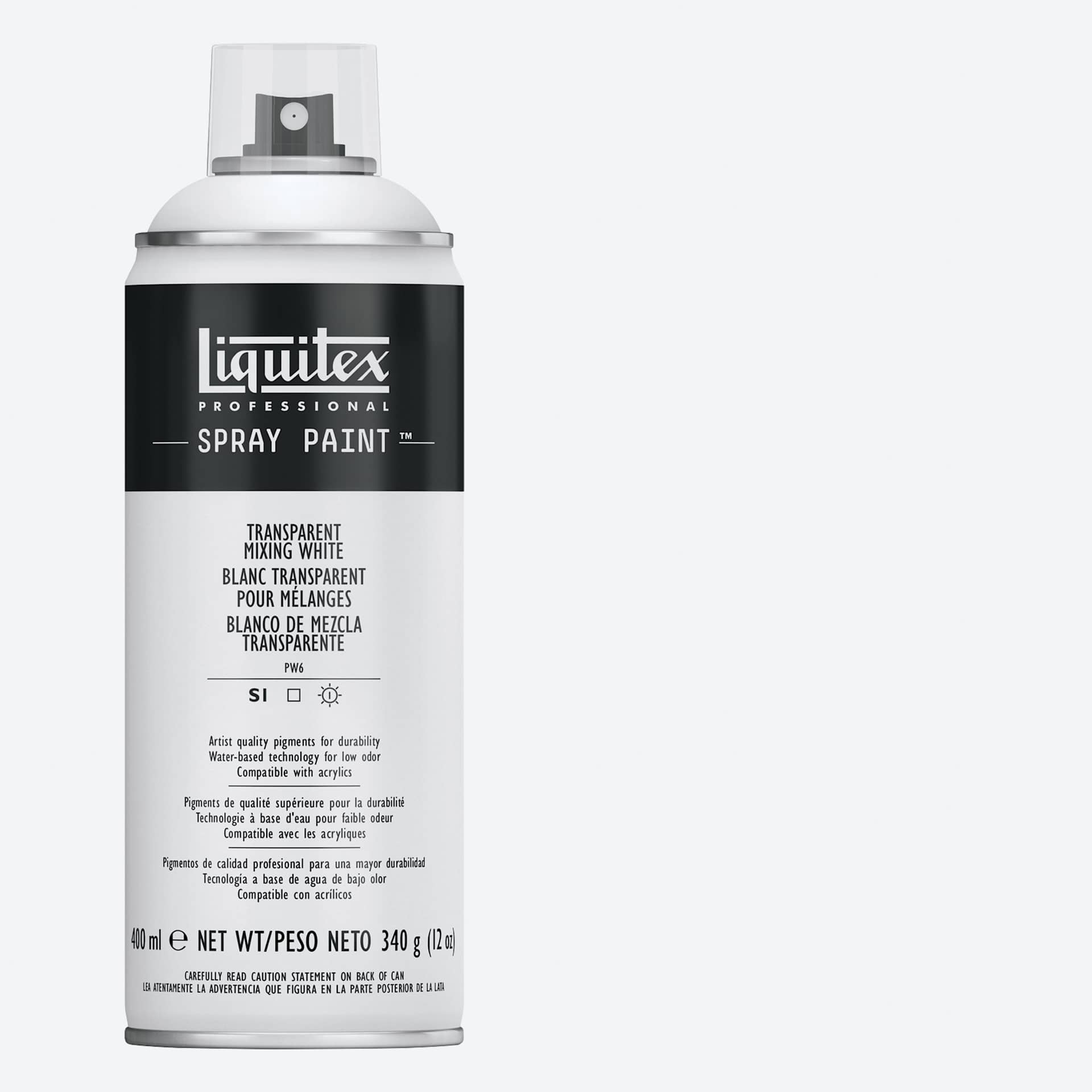 Liquitex Professional Spray Paint - Transparent Mixing White, 400 ml can and swatch