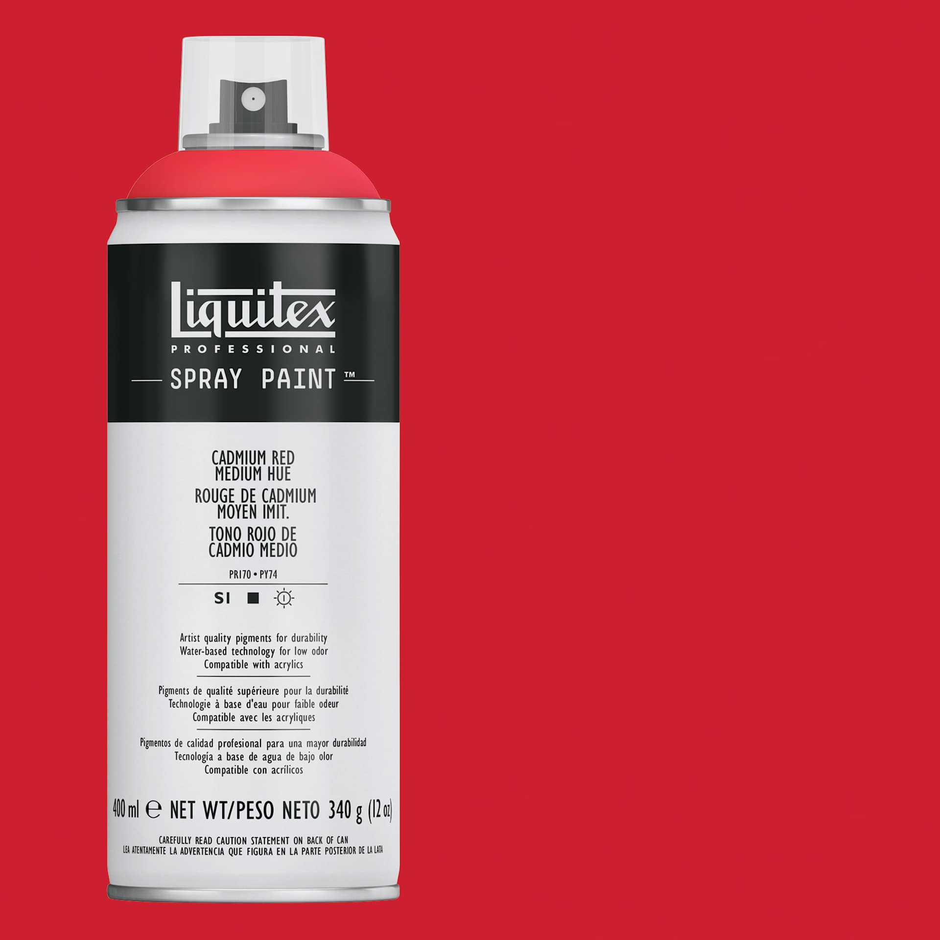 Liquitex Professional Spray Paint - Cadmium Red Medium Hue, 400 ml can and swatch