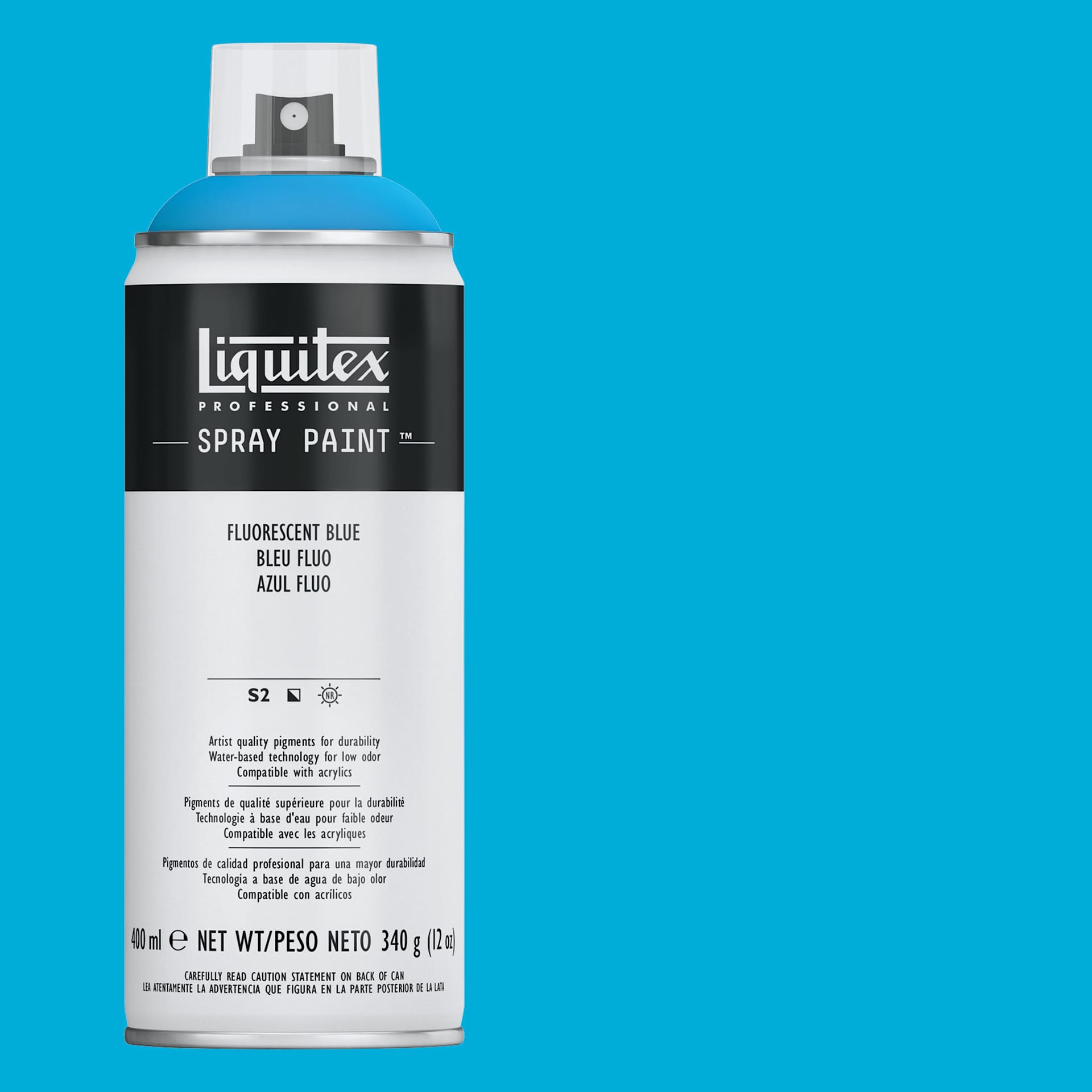 Liquitex Professional Spray Paint - Fluorescent Blue, 400 ml can and swatch