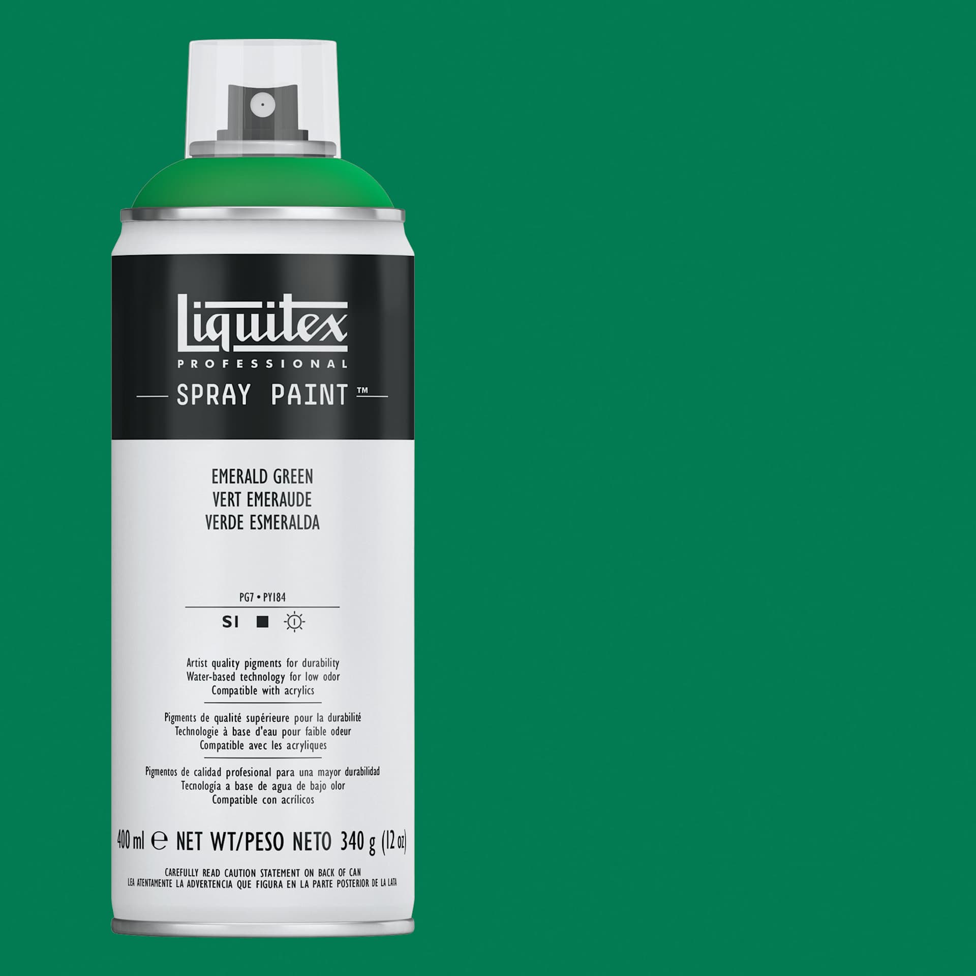 Liquitex Professional Spray Paint - Emerald Green, 400 ml can and swatch