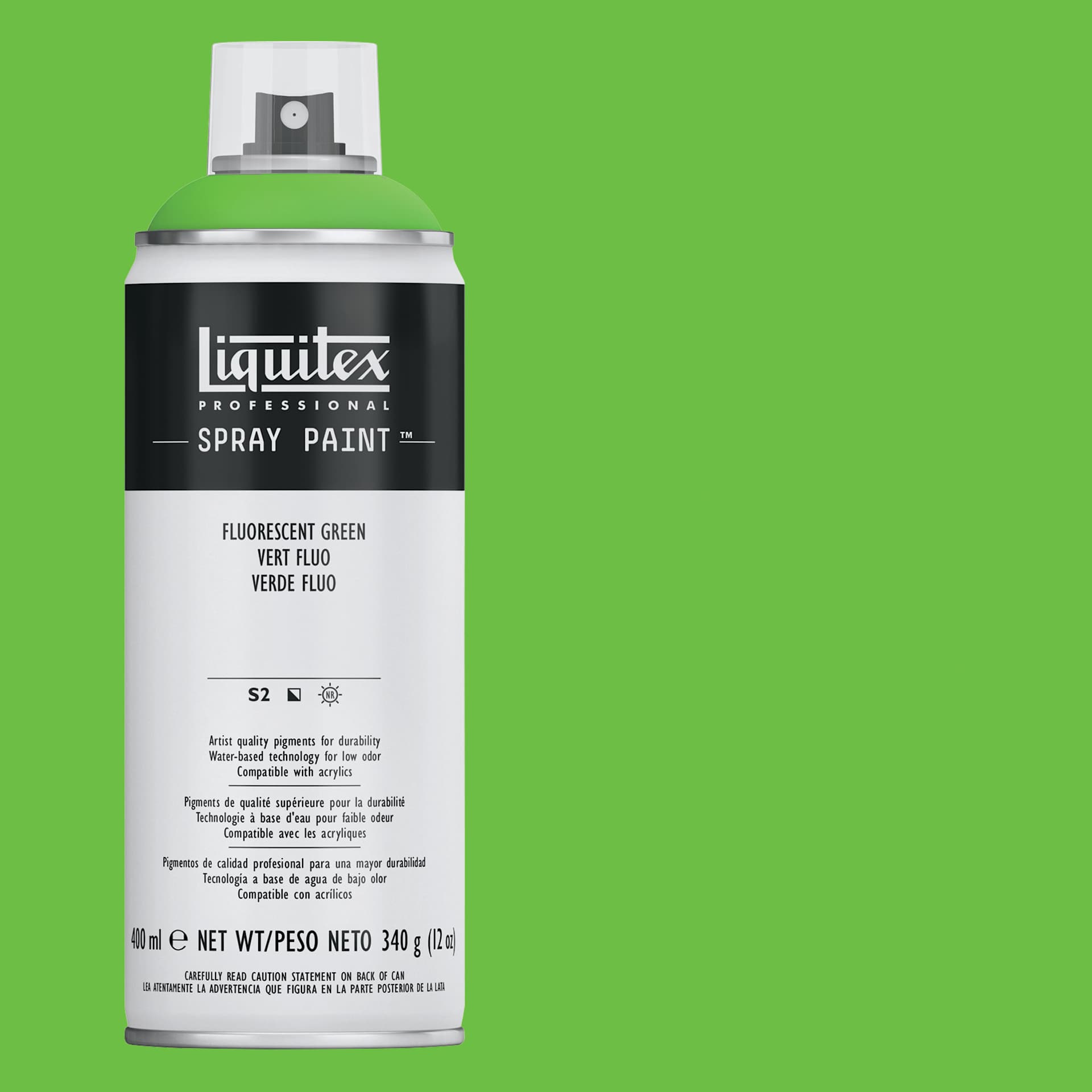 Liquitex Professional Spray Paint - Fluorescent Green, 400 ml can and swatch