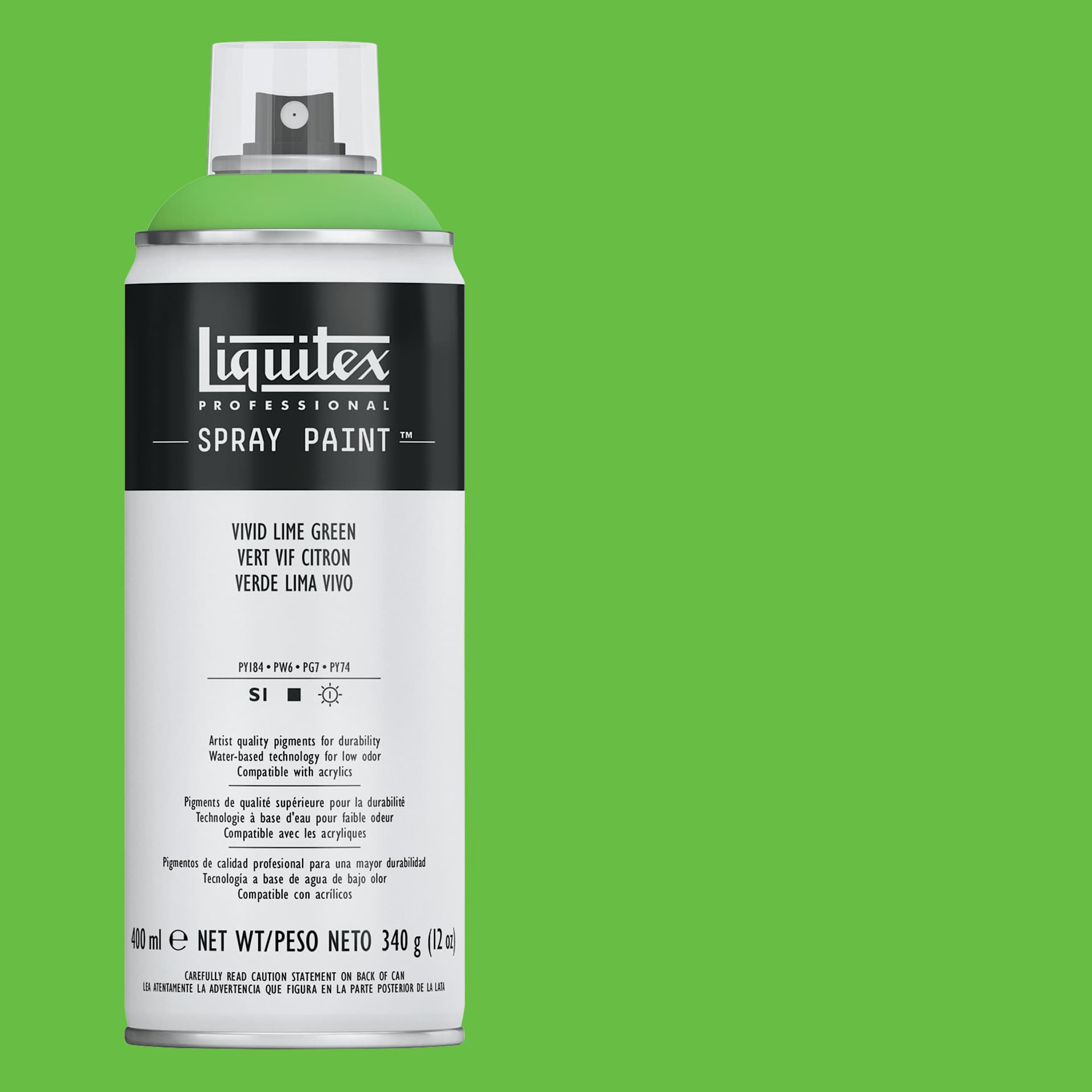 Liquitex Professional Spray Paint - Vivid Lime Green, 400 ml can and swatch