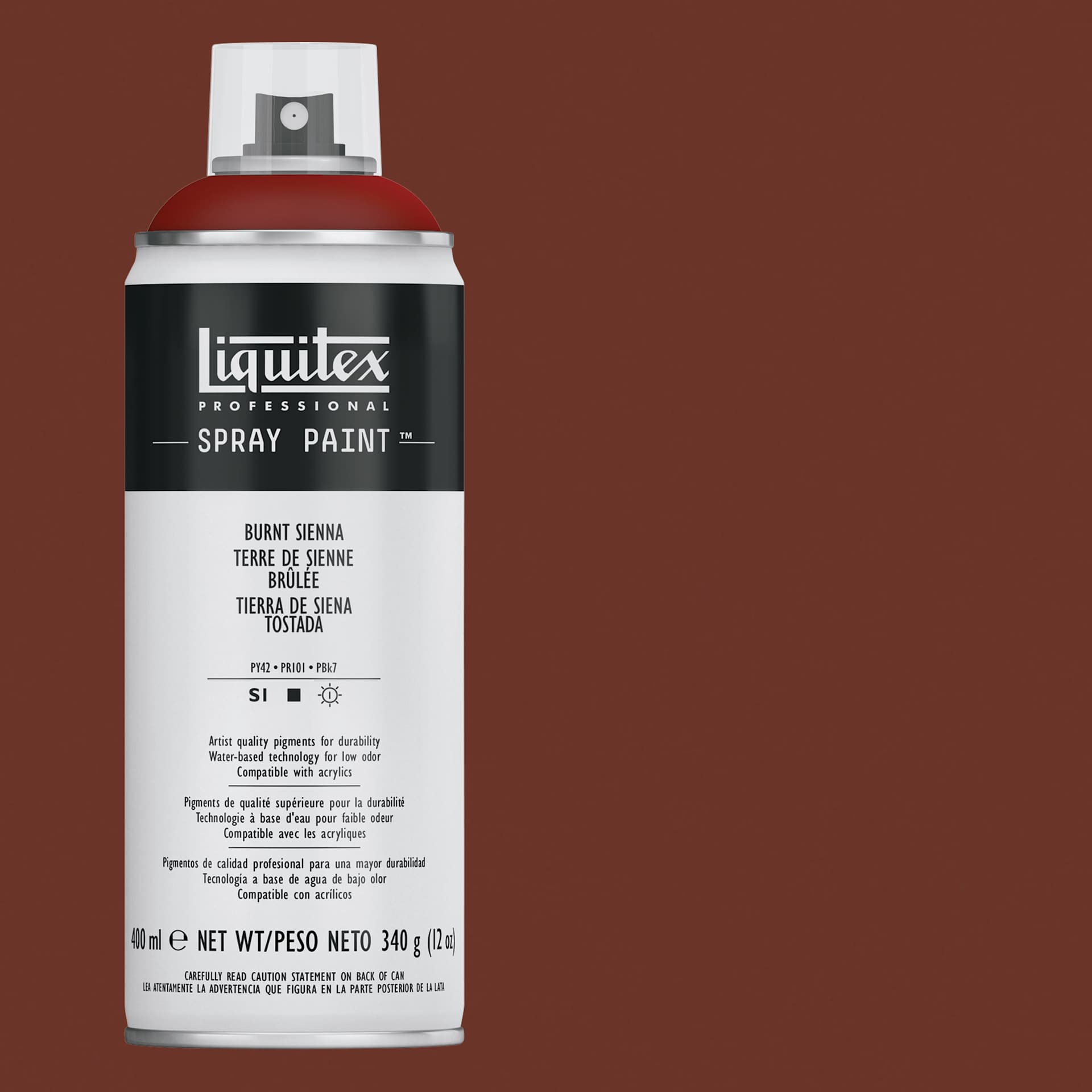 Liquitex Professional Spray Paint - Burnt Sienna, 400 ml can and swatch