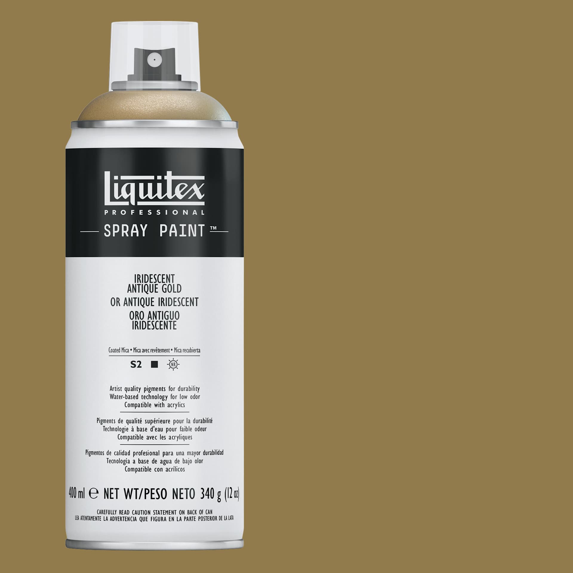 Liquitex Professional Spray Paint - Iridescent Antique Gold, 400 ml can and swatch
